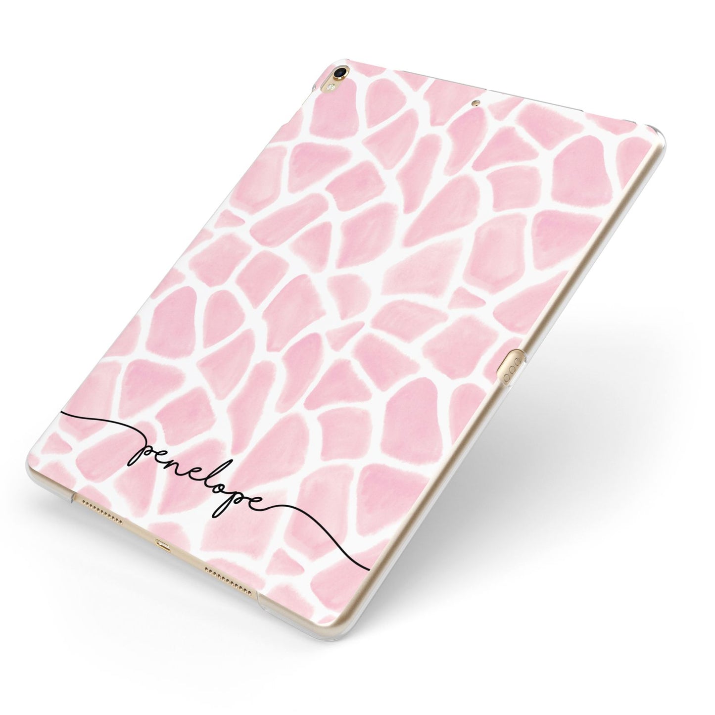 Personalised Pink Giraffe Print Apple iPad Case on Gold iPad Side View