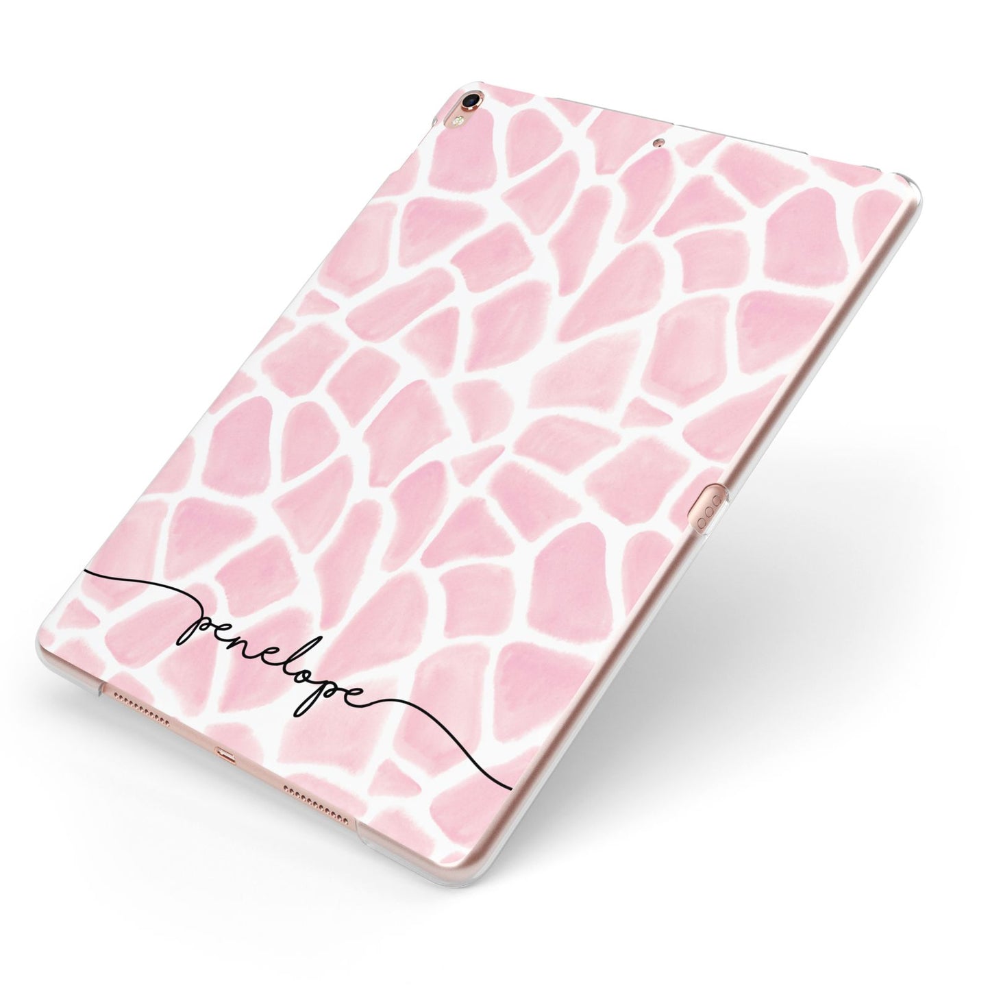 Personalised Pink Giraffe Print Apple iPad Case on Rose Gold iPad Side View
