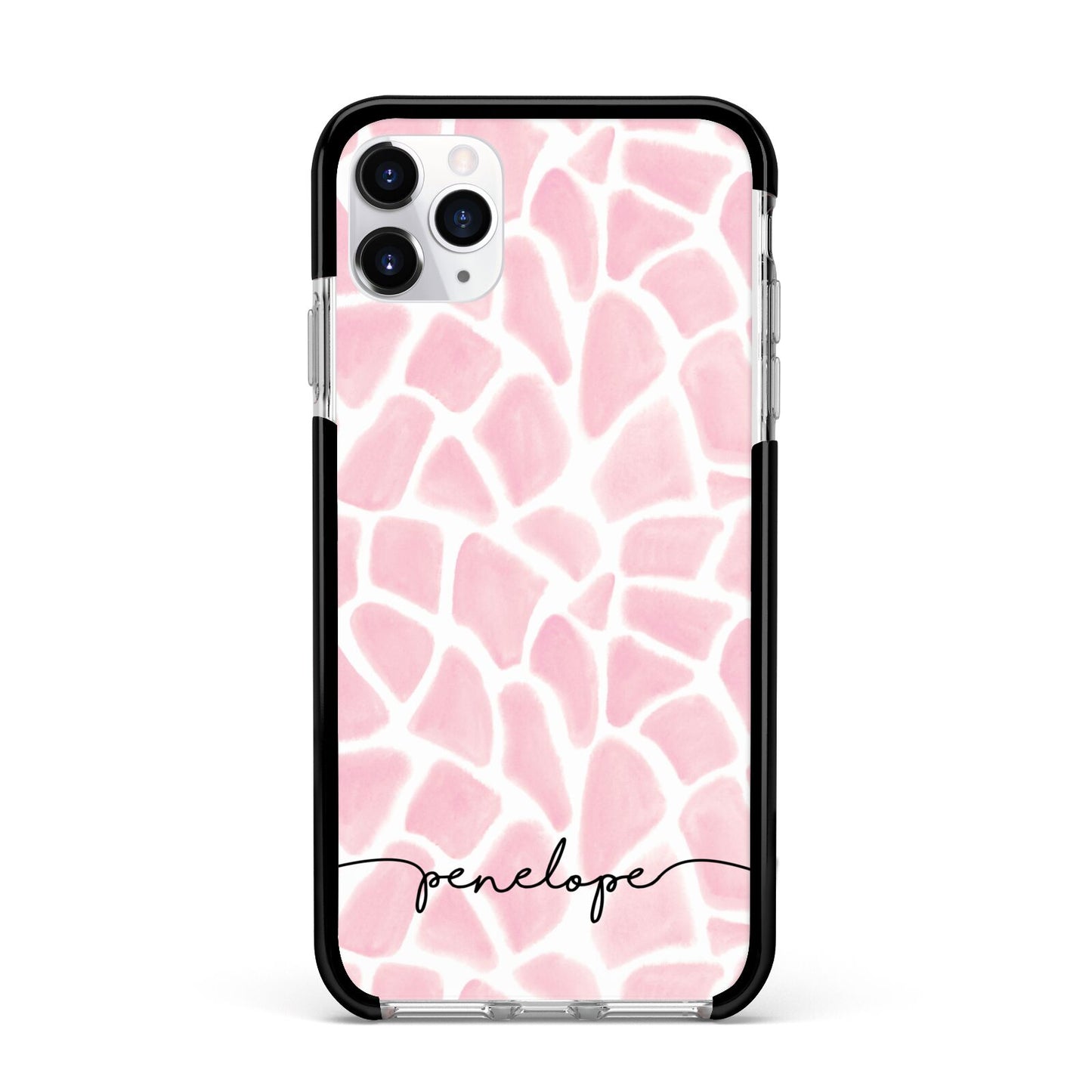 Personalised Pink Giraffe Print Apple iPhone 11 Pro Max in Silver with Black Impact Case