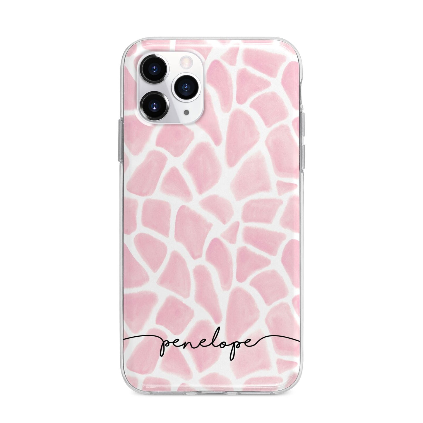Personalised Pink Giraffe Print Apple iPhone 11 Pro Max in Silver with Bumper Case
