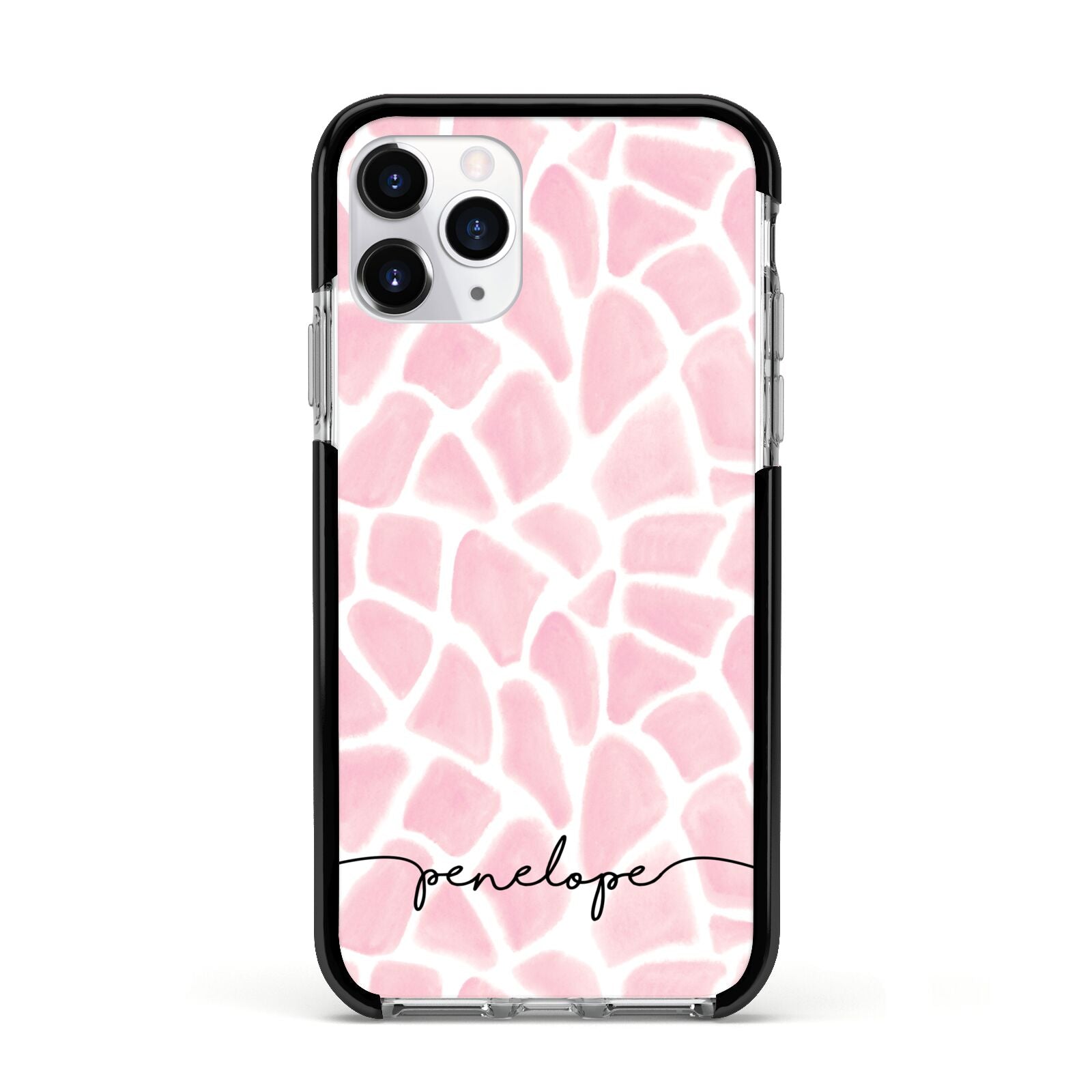 Personalised Pink Giraffe Print Apple iPhone 11 Pro in Silver with Black Impact Case