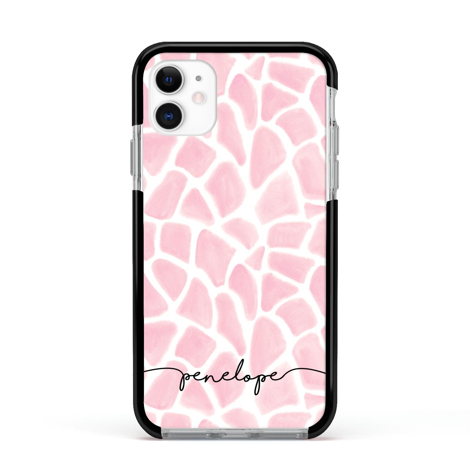 Personalised Pink Giraffe Print Apple iPhone 11 in White with Black Impact Case