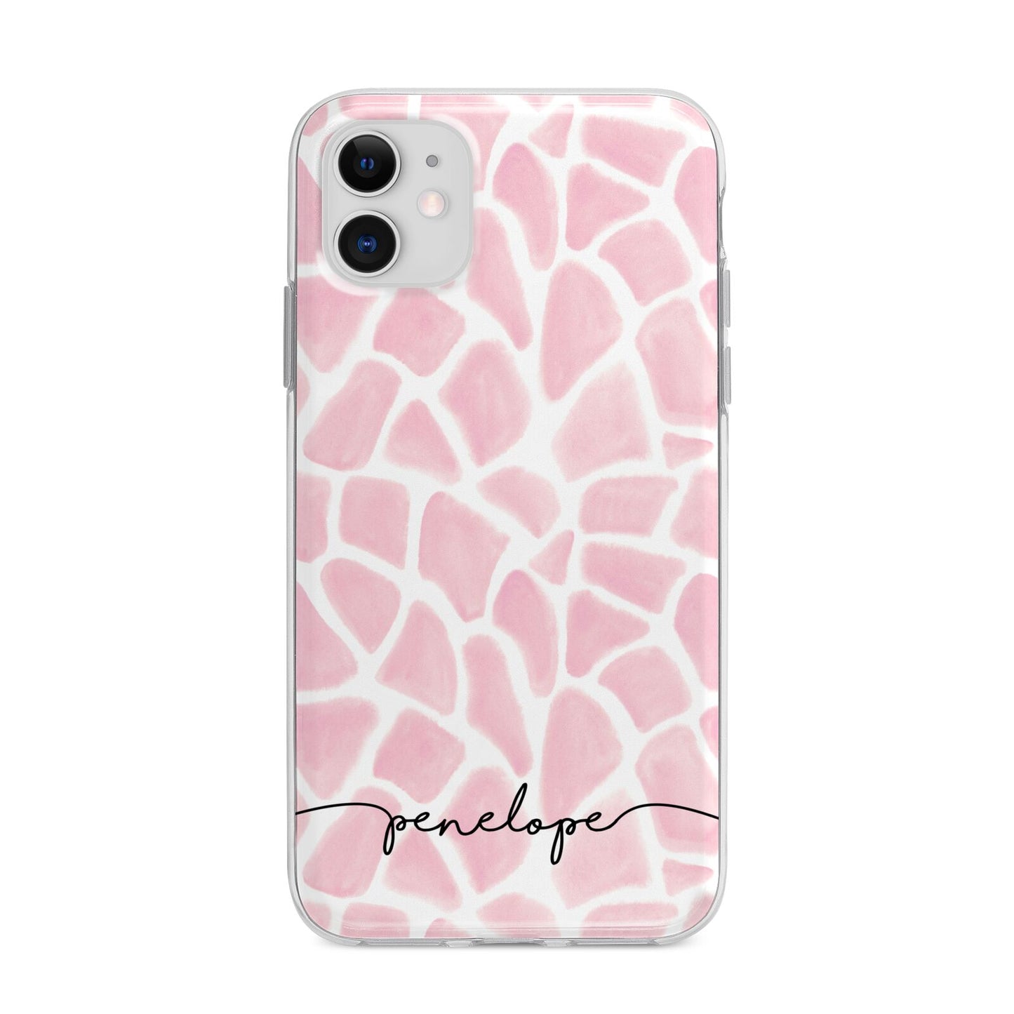 Personalised Pink Giraffe Print Apple iPhone 11 in White with Bumper Case
