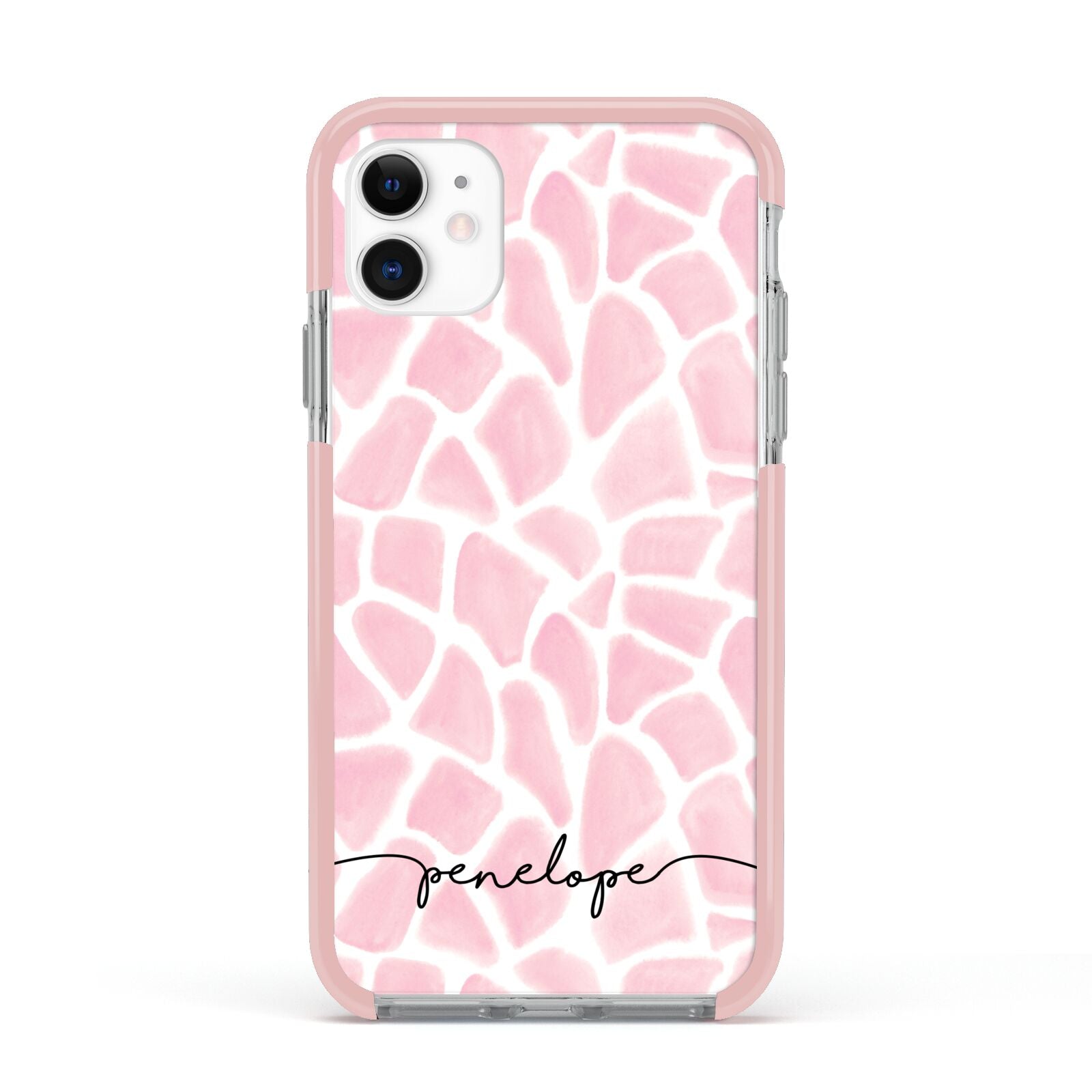 Personalised Pink Giraffe Print Apple iPhone 11 in White with Pink Impact Case