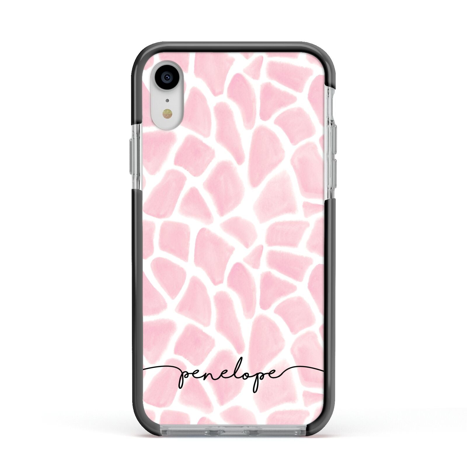 Personalised Pink Giraffe Print Apple iPhone XR Impact Case Black Edge on Silver Phone