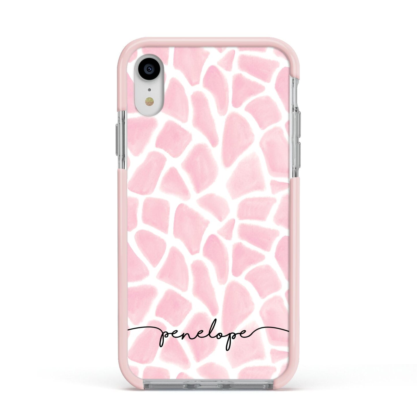 Personalised Pink Giraffe Print Apple iPhone XR Impact Case Pink Edge on Silver Phone