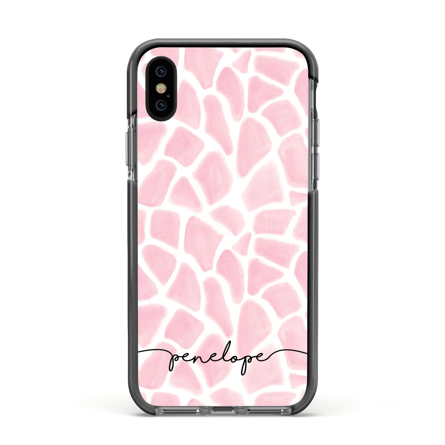 Personalised Pink Giraffe Print Apple iPhone Xs Impact Case Black Edge on Black Phone