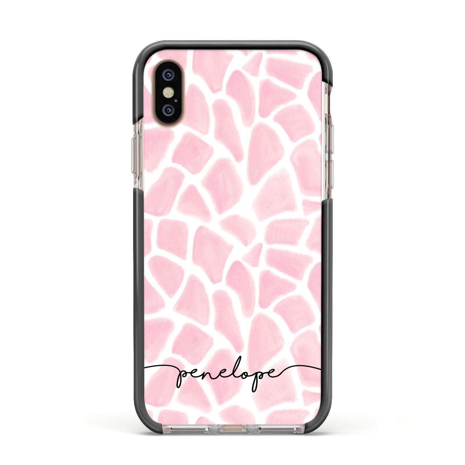 Personalised Pink Giraffe Print Apple iPhone Xs Impact Case Black Edge on Gold Phone