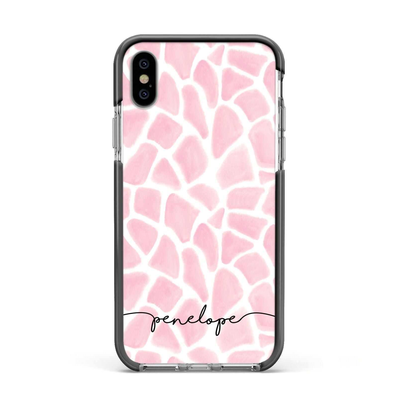 Personalised Pink Giraffe Print Apple iPhone Xs Impact Case Black Edge on Silver Phone