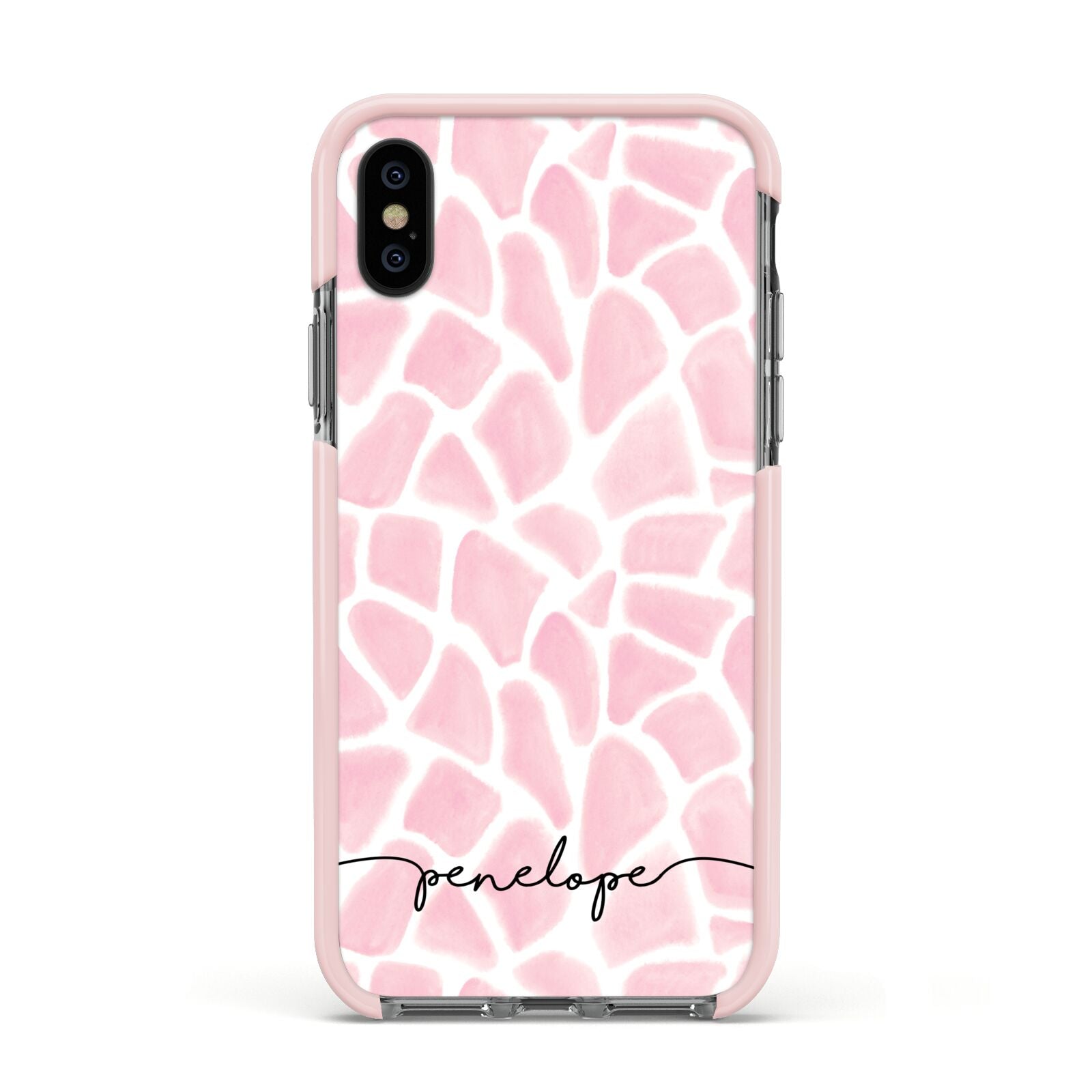 Personalised Pink Giraffe Print Apple iPhone Xs Impact Case Pink Edge on Black Phone