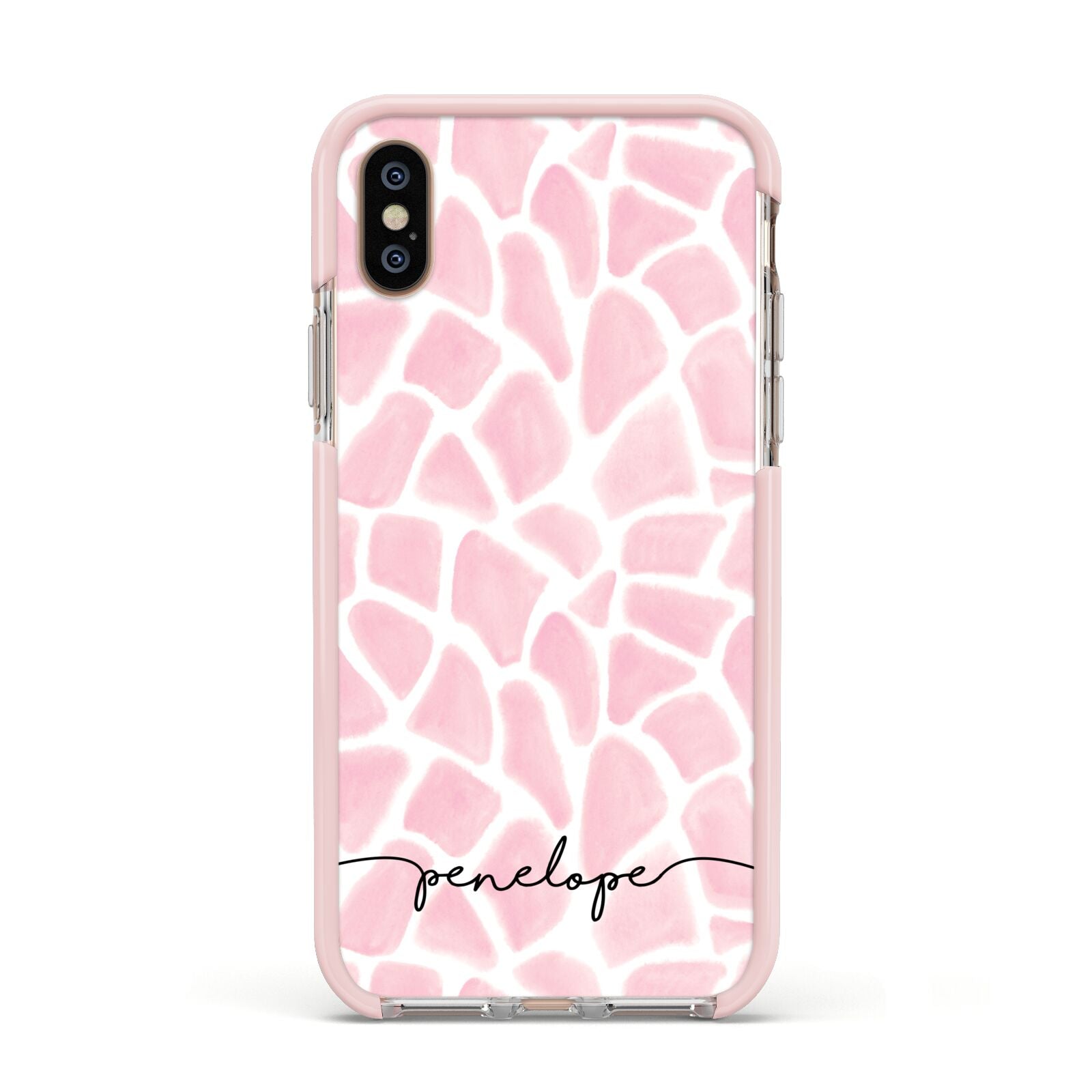 Personalised Pink Giraffe Print Apple iPhone Xs Impact Case Pink Edge on Gold Phone