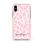 Personalised Pink Giraffe Print Apple iPhone Xs Impact Case Pink Edge on Silver Phone