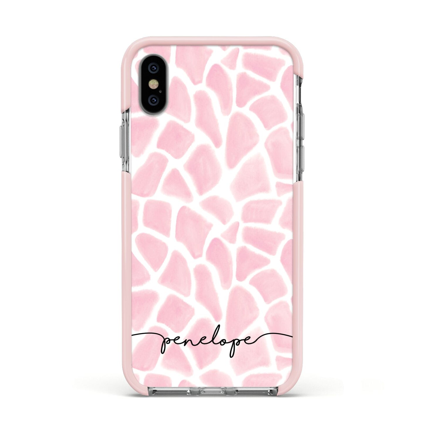 Personalised Pink Giraffe Print Apple iPhone Xs Impact Case Pink Edge on Silver Phone