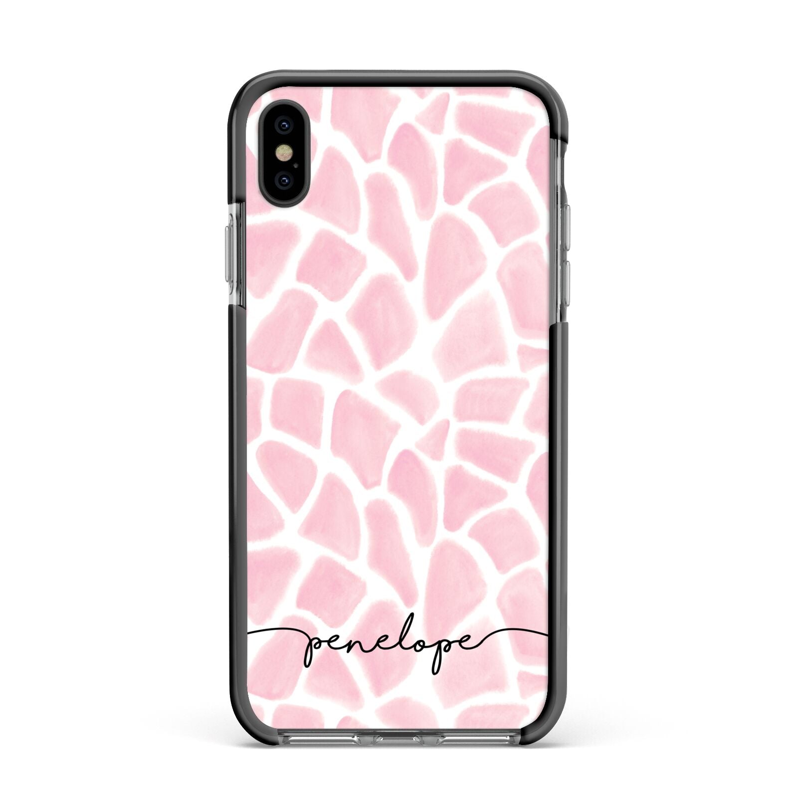 Personalised Pink Giraffe Print Apple iPhone Xs Max Impact Case Black Edge on Black Phone