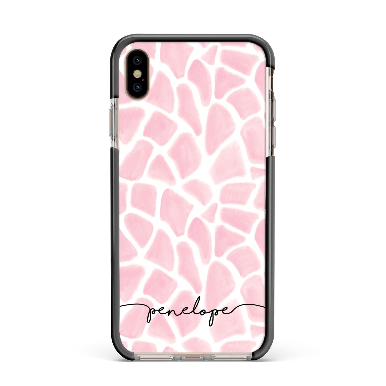 Personalised Pink Giraffe Print Apple iPhone Xs Max Impact Case Black Edge on Gold Phone