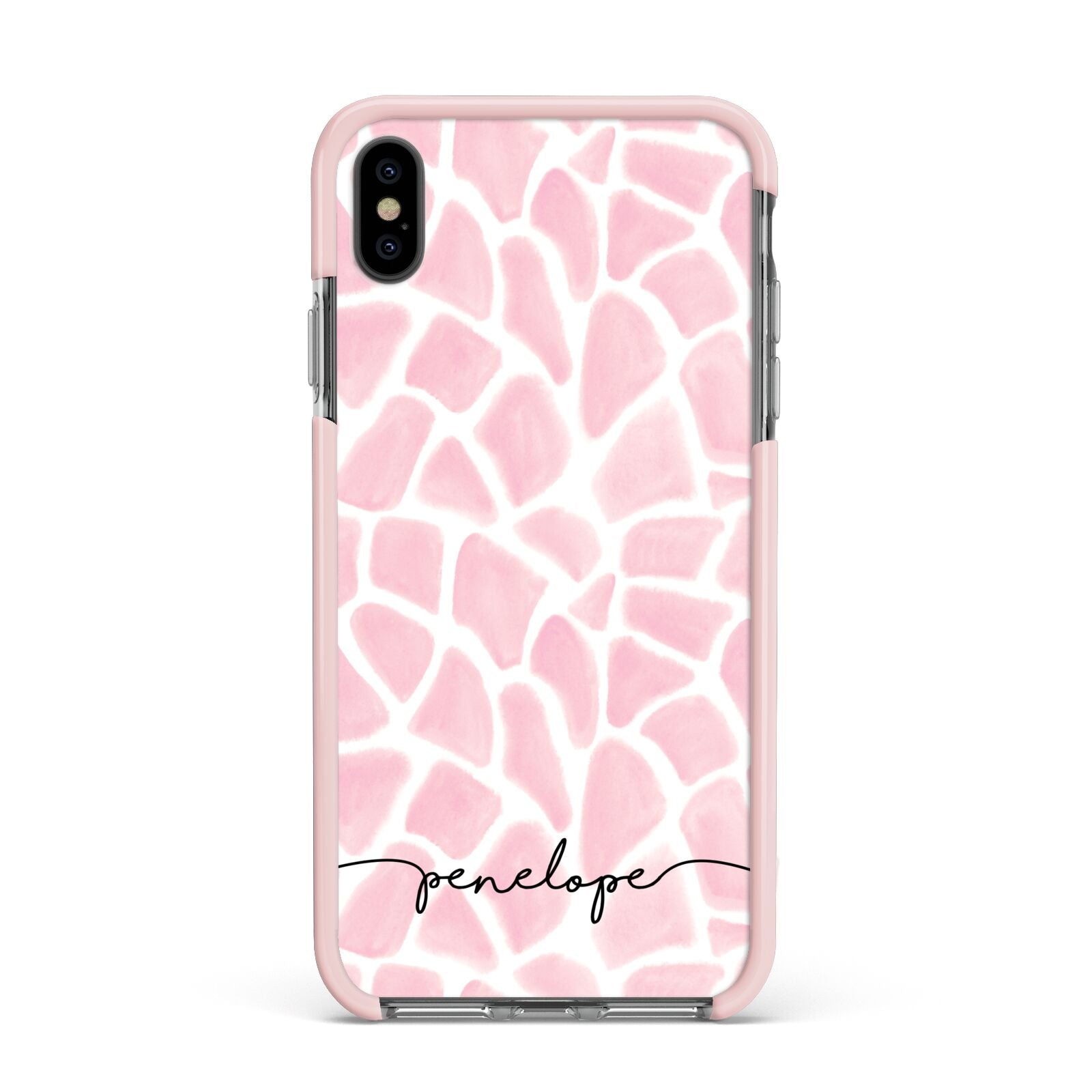 Personalised Pink Giraffe Print Apple iPhone Xs Max Impact Case Pink Edge on Black Phone