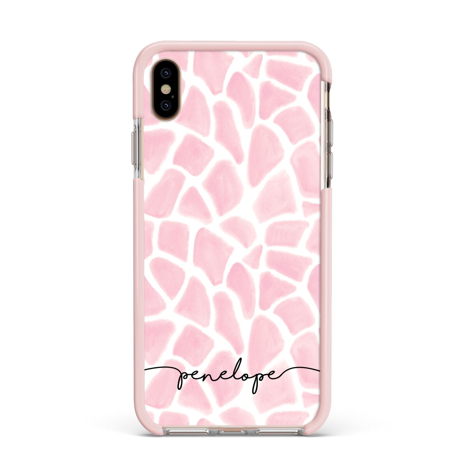 Personalised Pink Giraffe Print Apple iPhone Xs Max Impact Case Pink Edge on Gold Phone