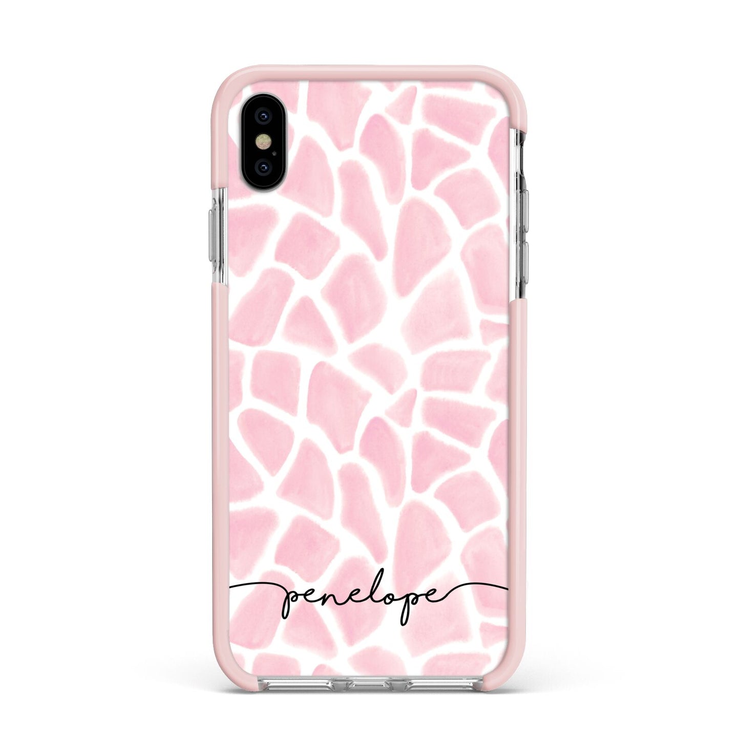 Personalised Pink Giraffe Print Apple iPhone Xs Max Impact Case Pink Edge on Silver Phone