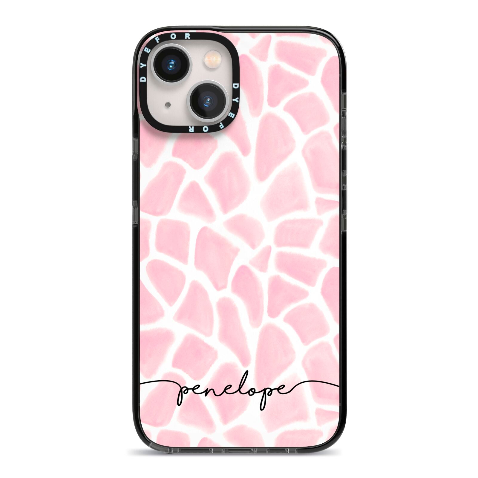 Personalised Pink Giraffe Print iPhone 13 Black Impact Case on Silver phone