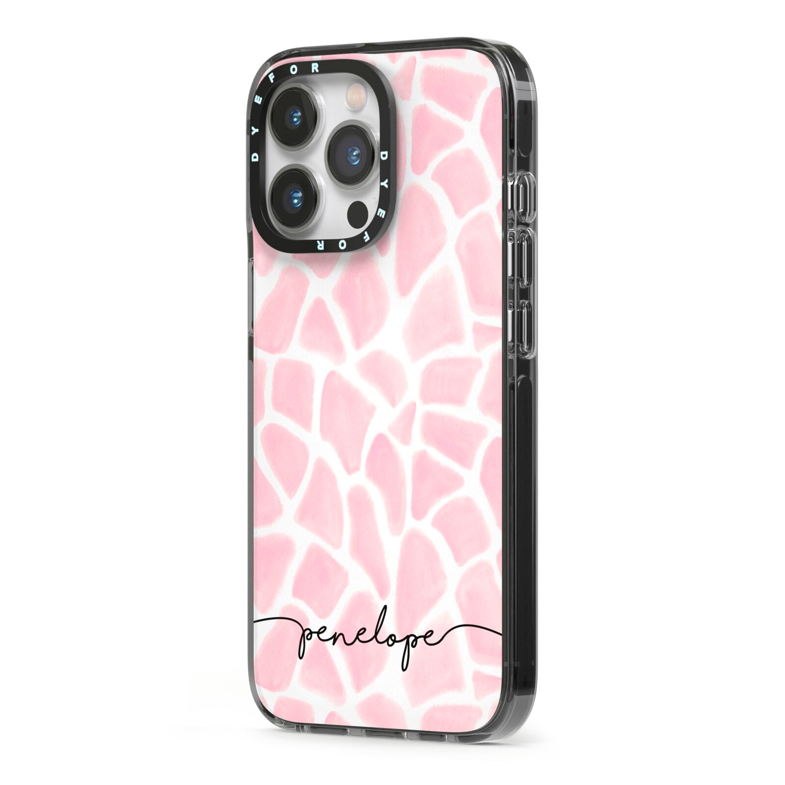 Personalised Pink Giraffe Print iPhone 13 Pro Black Impact Case Side Angle on Silver phone
