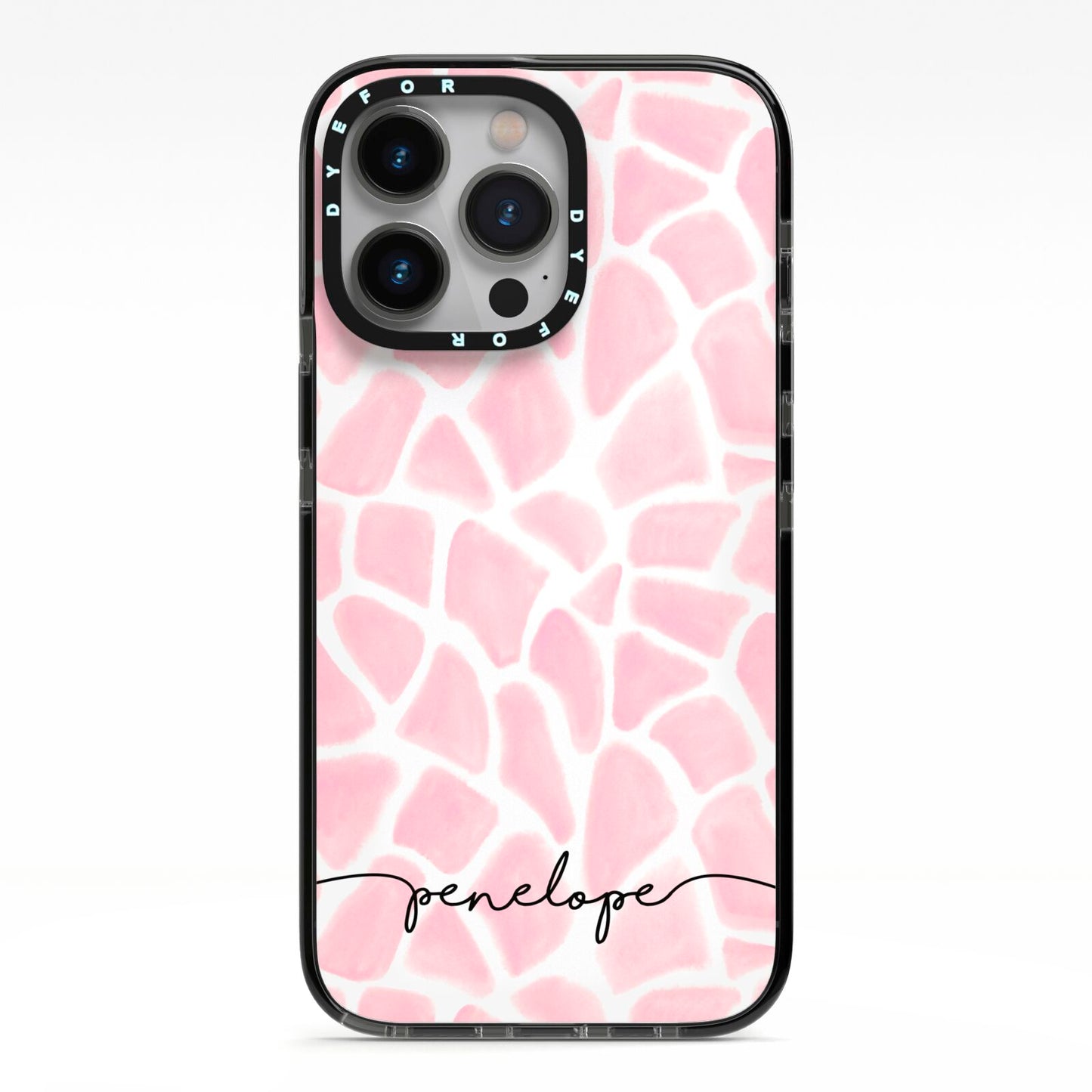 Personalised Pink Giraffe Print iPhone 13 Pro Black Impact Case on Silver phone