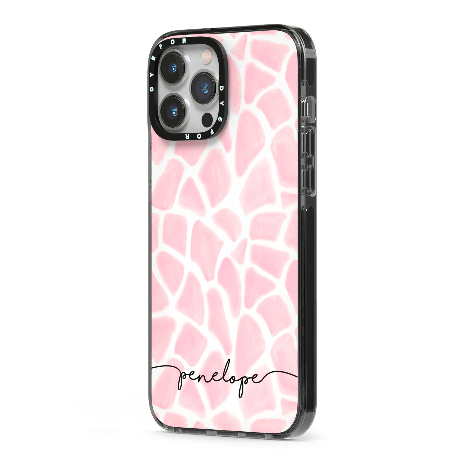 Personalised Pink Giraffe Print iPhone 13 Pro Max Black Impact Case Side Angle on Silver phone