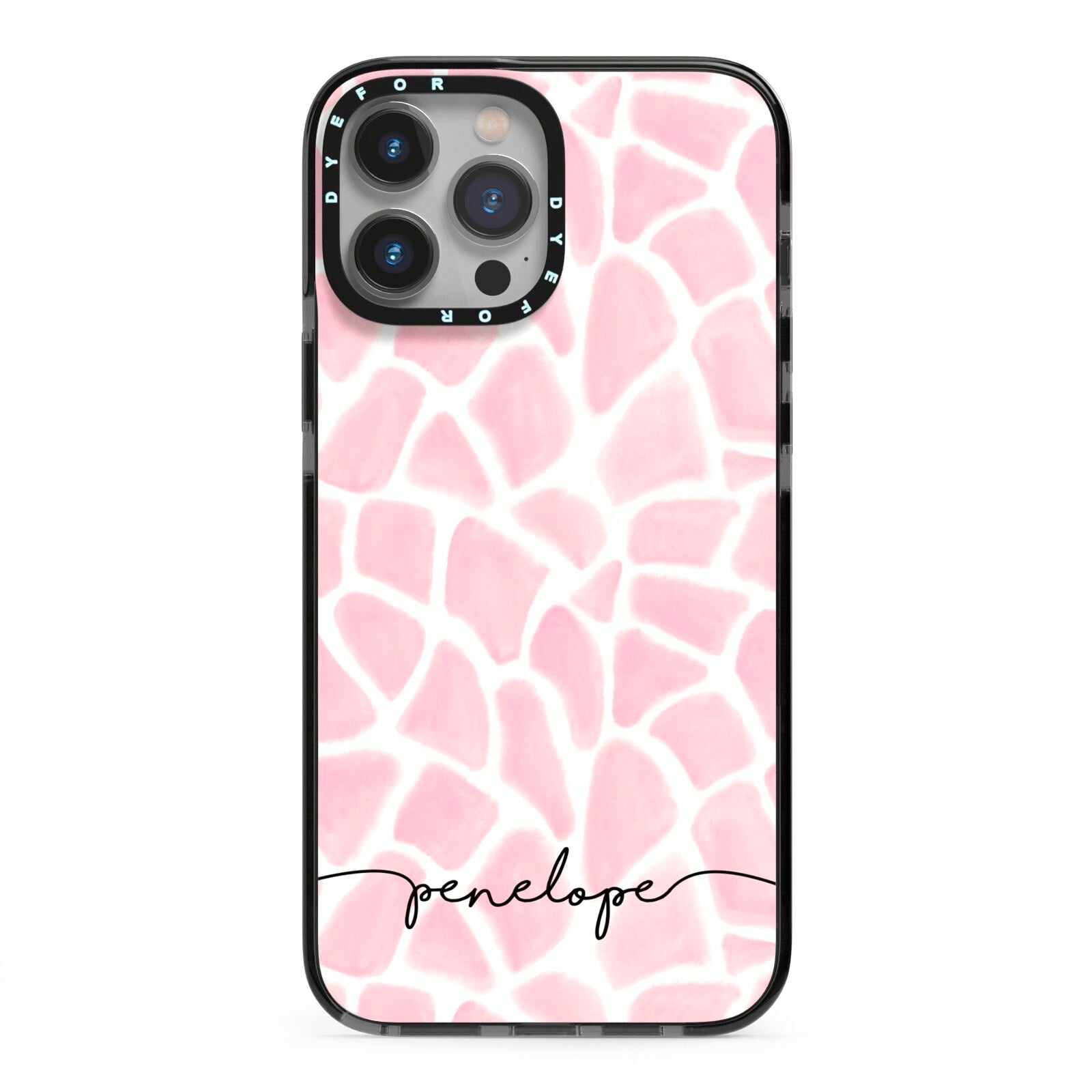 Personalised Pink Giraffe Print iPhone 13 Pro Max Black Impact Case on Silver phone