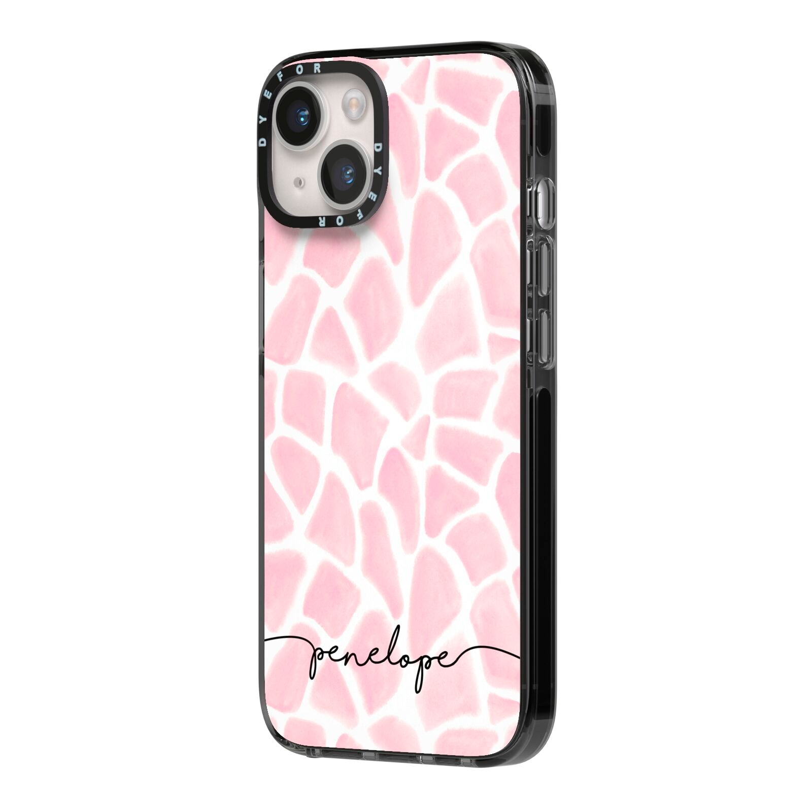 Personalised Pink Giraffe Print iPhone 14 Black Impact Case Side Angle on Silver phone