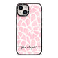 Personalised Pink Giraffe Print iPhone 14 Black Impact Case on Silver phone