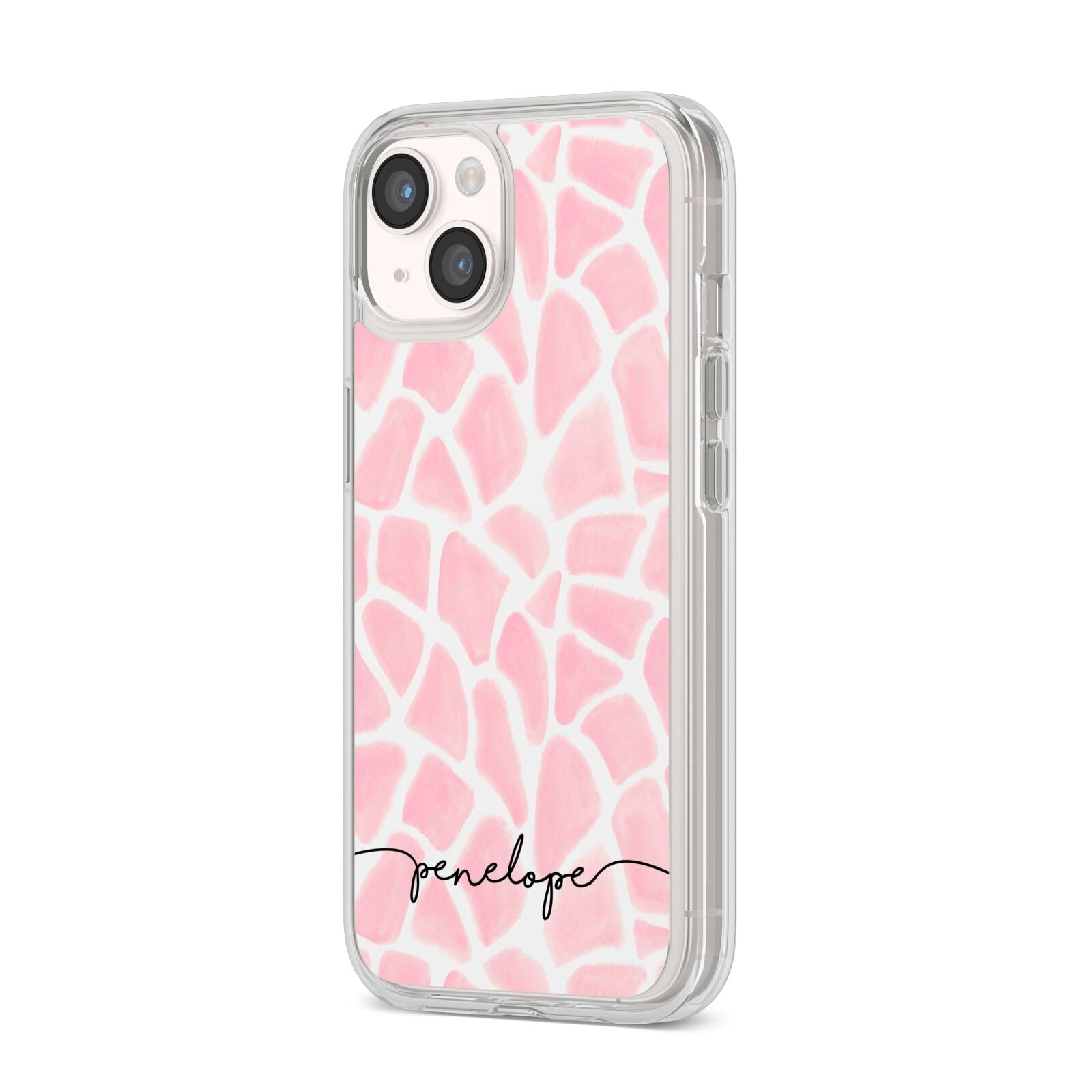 Personalised Pink Giraffe Print iPhone 14 Clear Tough Case Starlight Angled Image