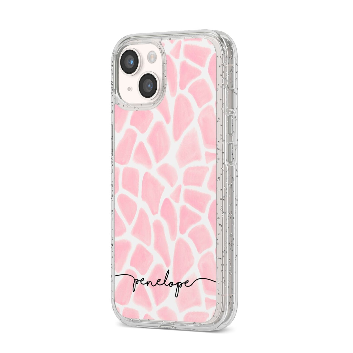 Personalised Pink Giraffe Print iPhone 14 Glitter Tough Case Starlight Angled Image