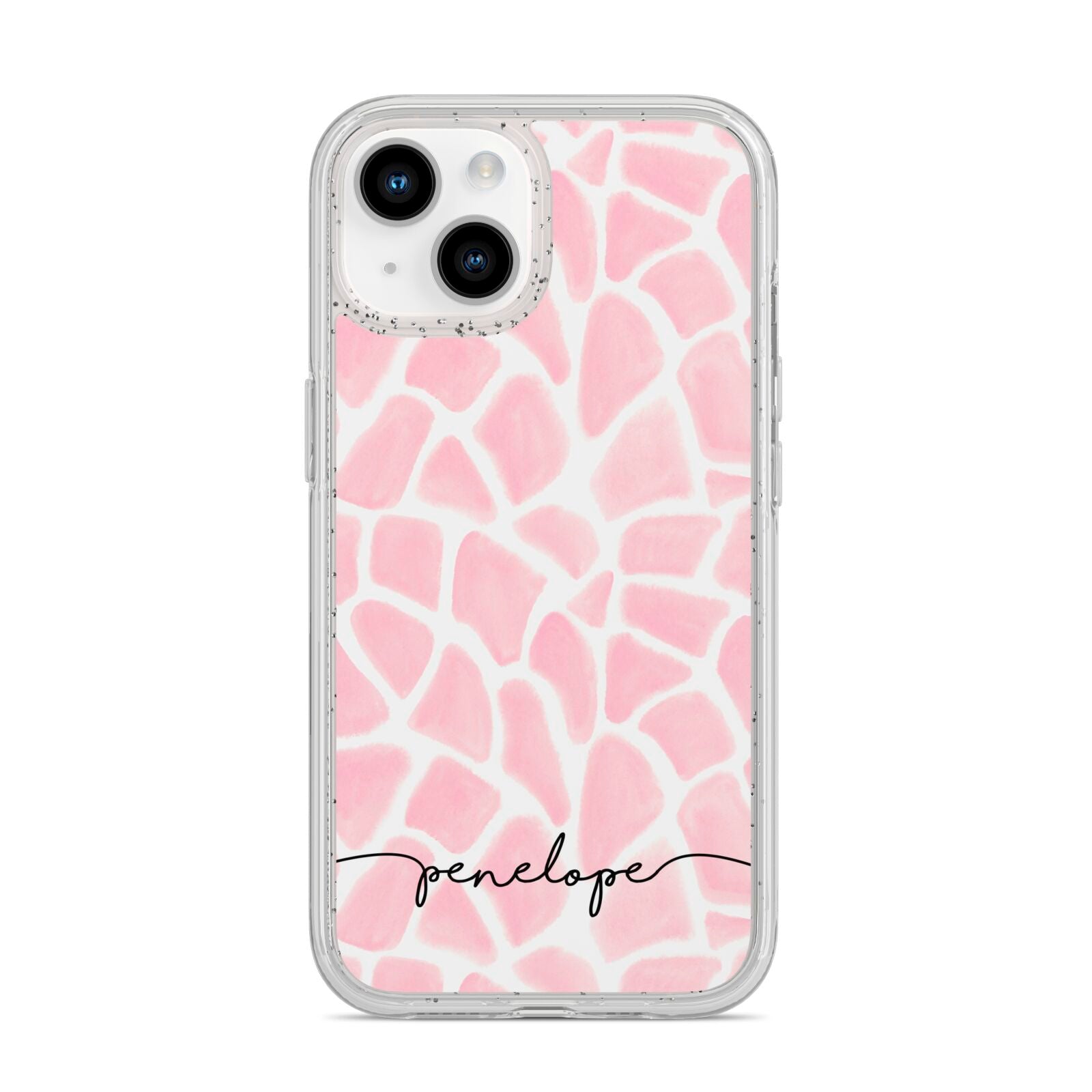 Personalised Pink Giraffe Print iPhone 14 Glitter Tough Case Starlight