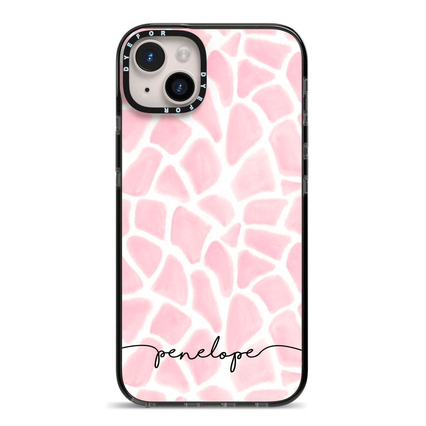 Personalised Pink Giraffe Print iPhone 14 Plus Black Impact Case on Silver phone