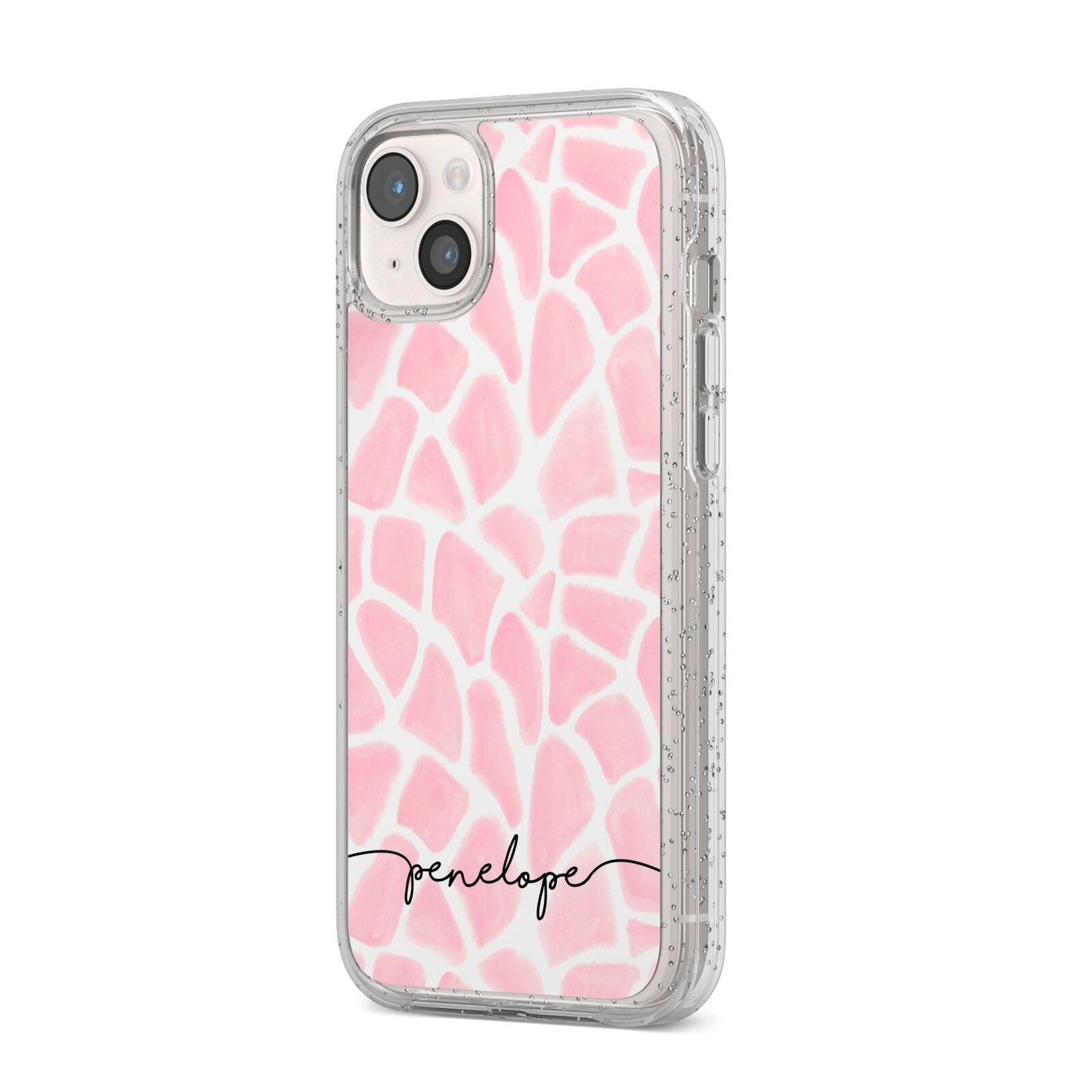 Personalised Pink Giraffe Print iPhone 14 Plus Glitter Tough Case Starlight Angled Image