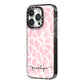 Personalised Pink Giraffe Print iPhone 14 Pro Black Impact Case Side Angle on Silver phone