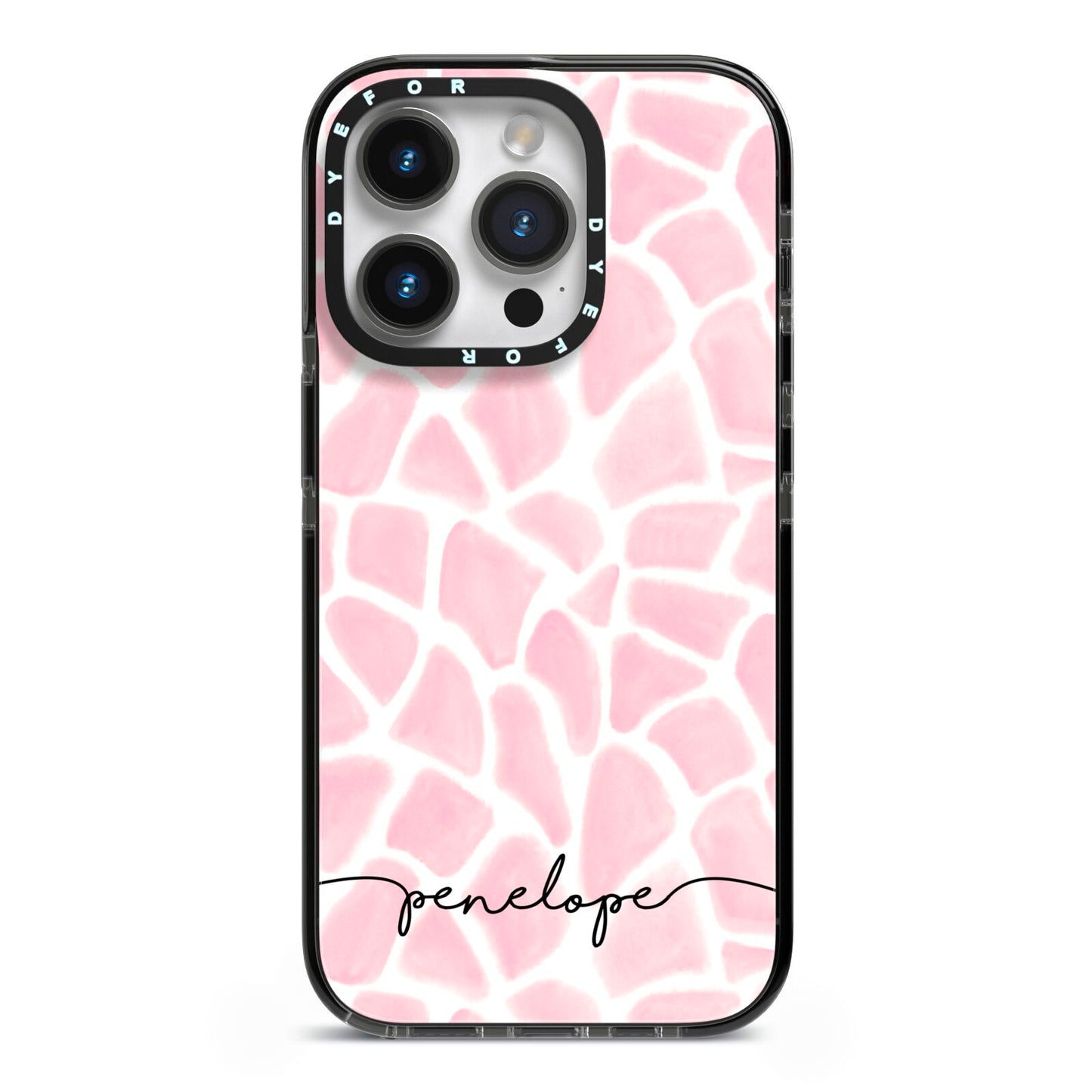 Personalised Pink Giraffe Print iPhone 14 Pro Black Impact Case on Silver phone