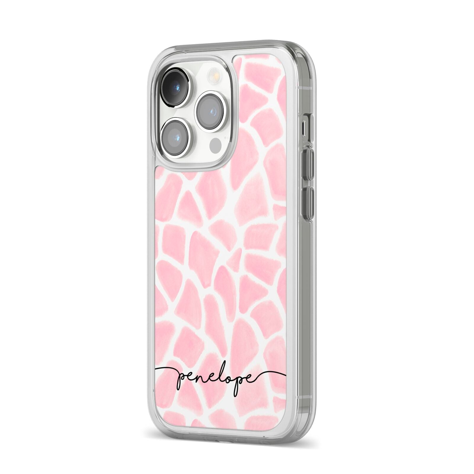 Personalised Pink Giraffe Print iPhone 14 Pro Clear Tough Case Silver Angled Image