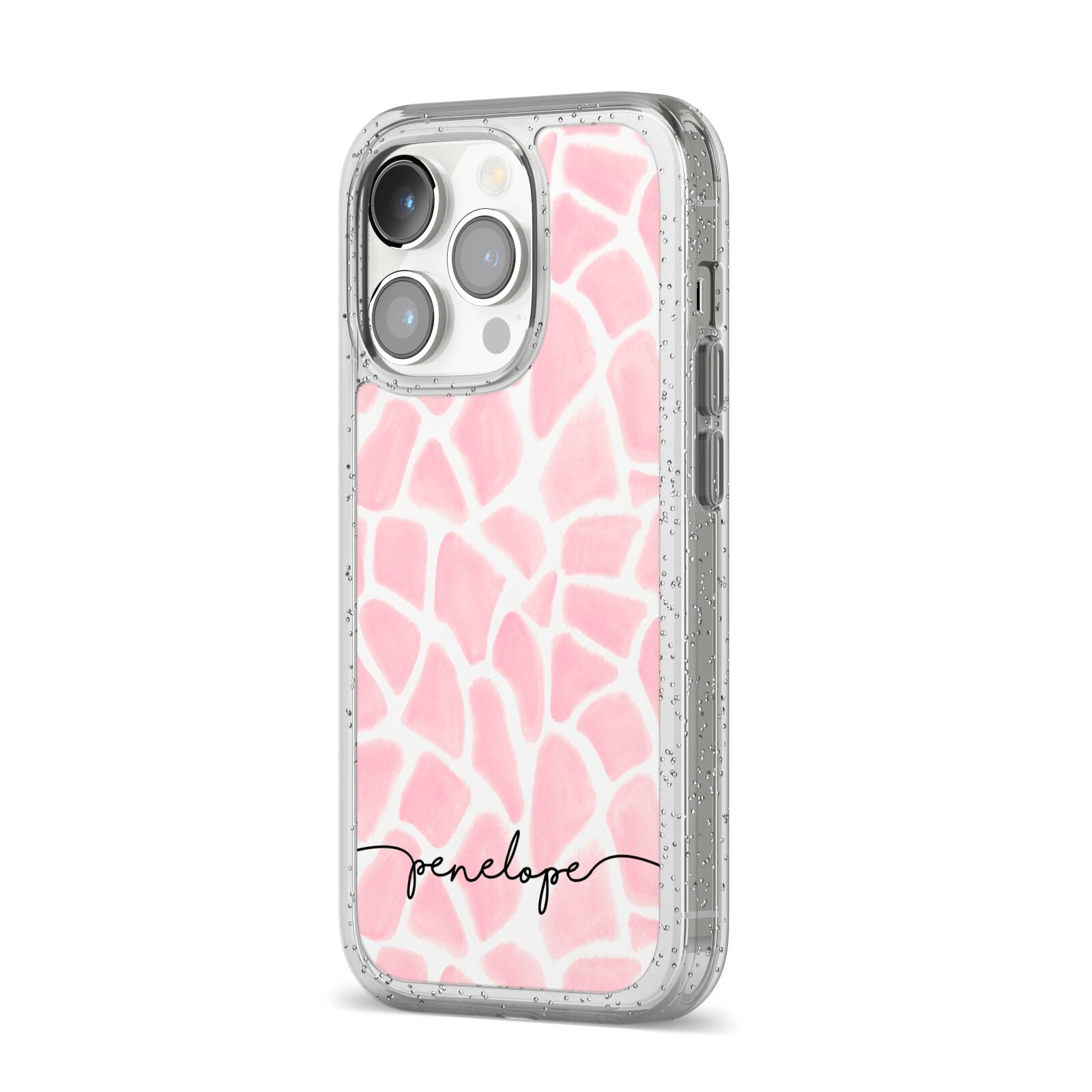 Personalised Pink Giraffe Print iPhone 14 Pro Glitter Tough Case Silver Angled Image