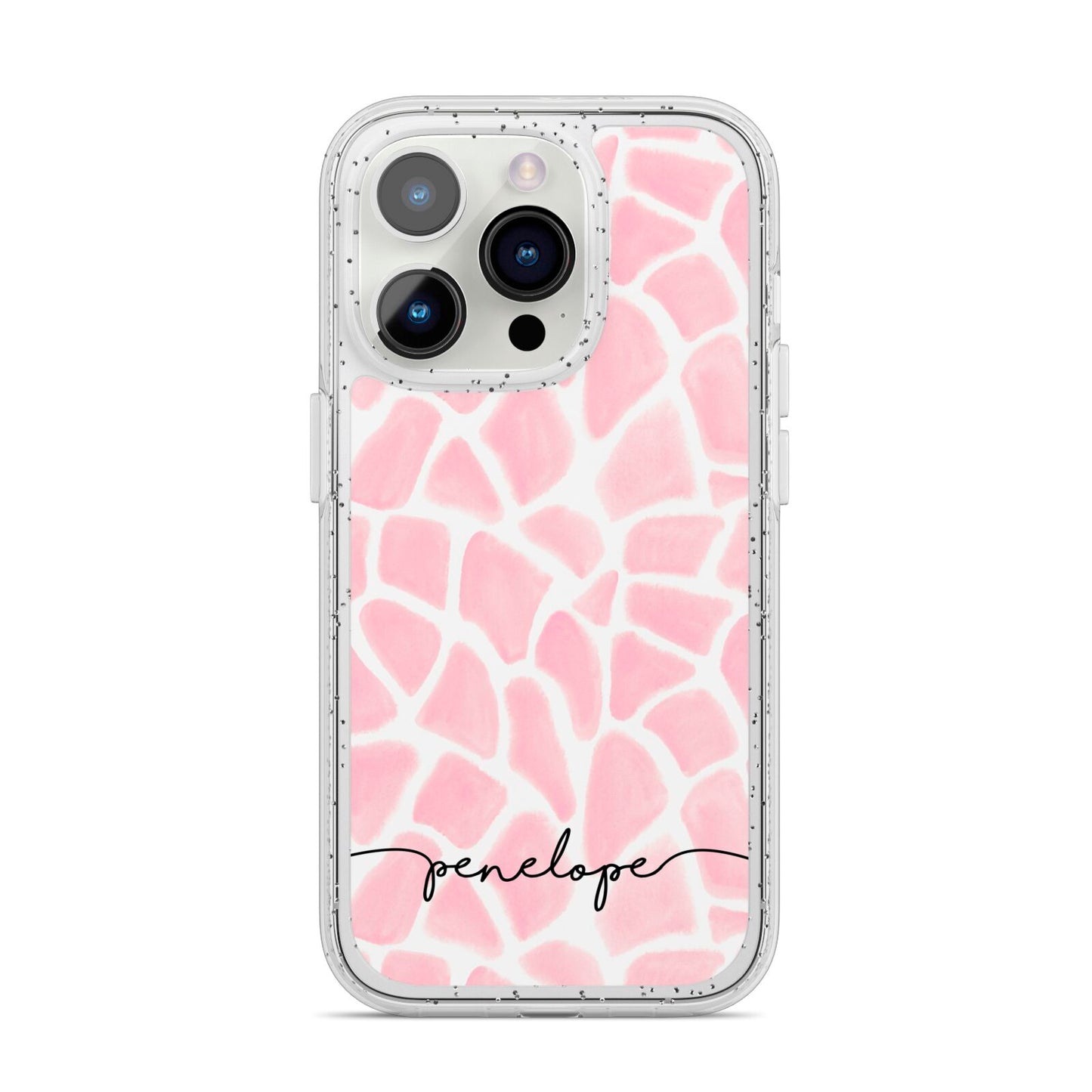 Personalised Pink Giraffe Print iPhone 14 Pro Glitter Tough Case Silver