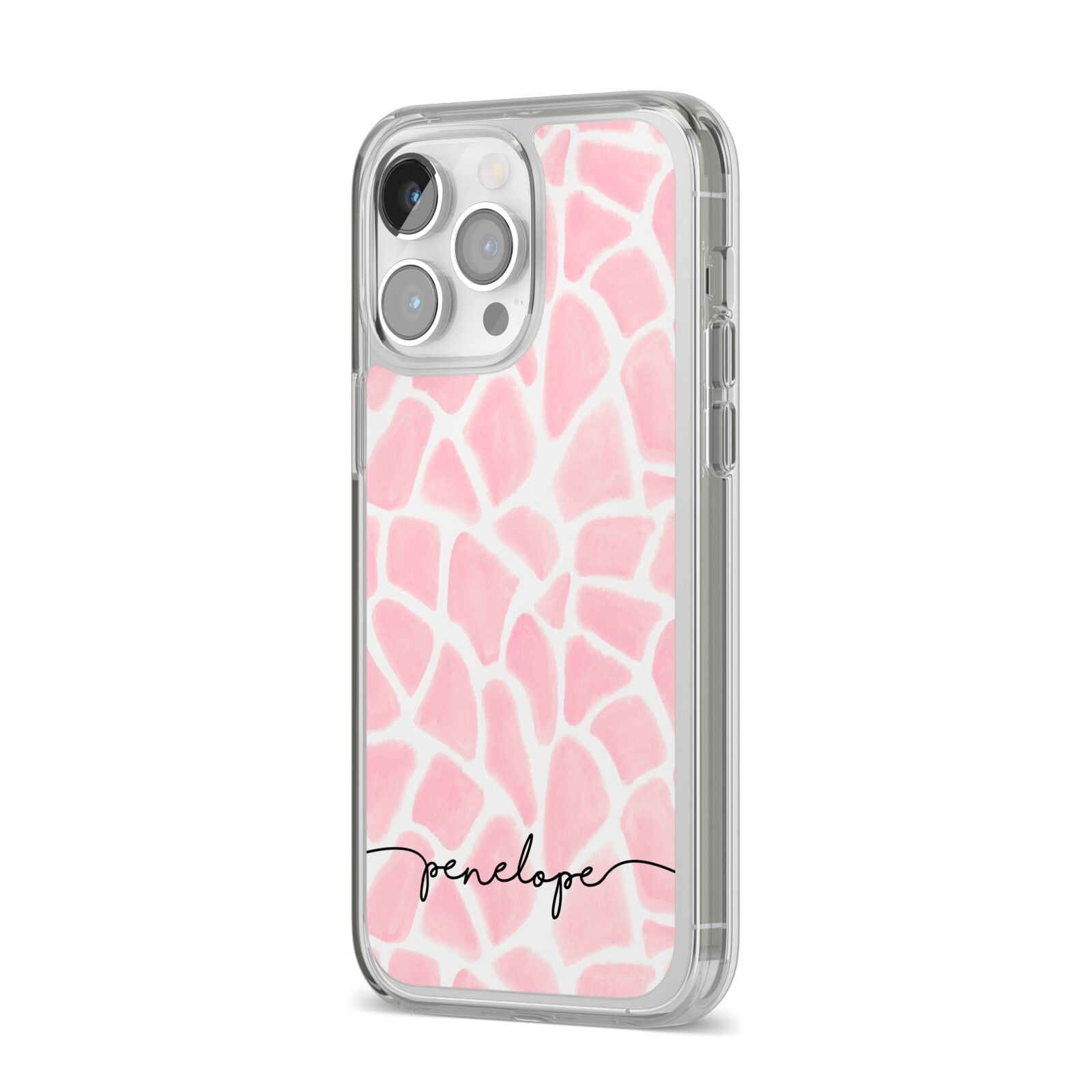Personalised Pink Giraffe Print iPhone 14 Pro Max Clear Tough Case Silver Angled Image