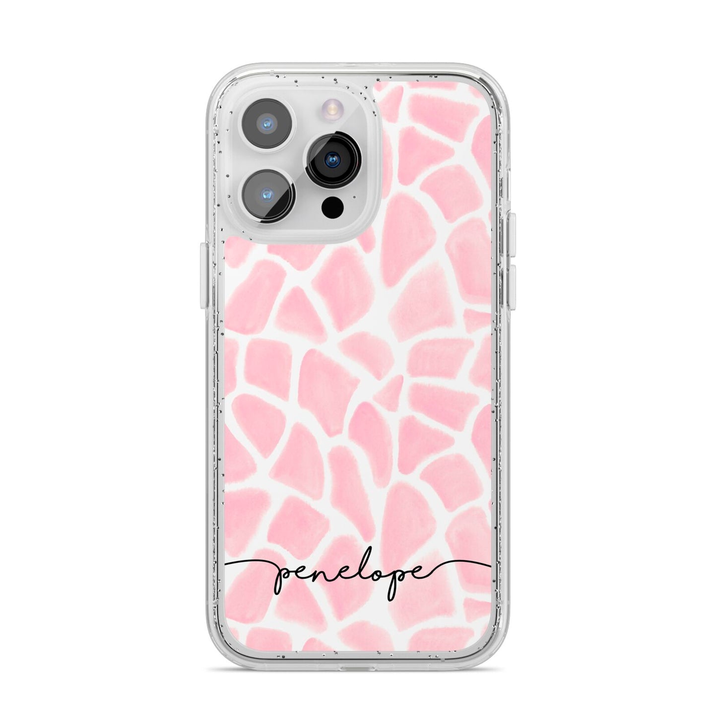 Personalised Pink Giraffe Print iPhone 14 Pro Max Glitter Tough Case Silver