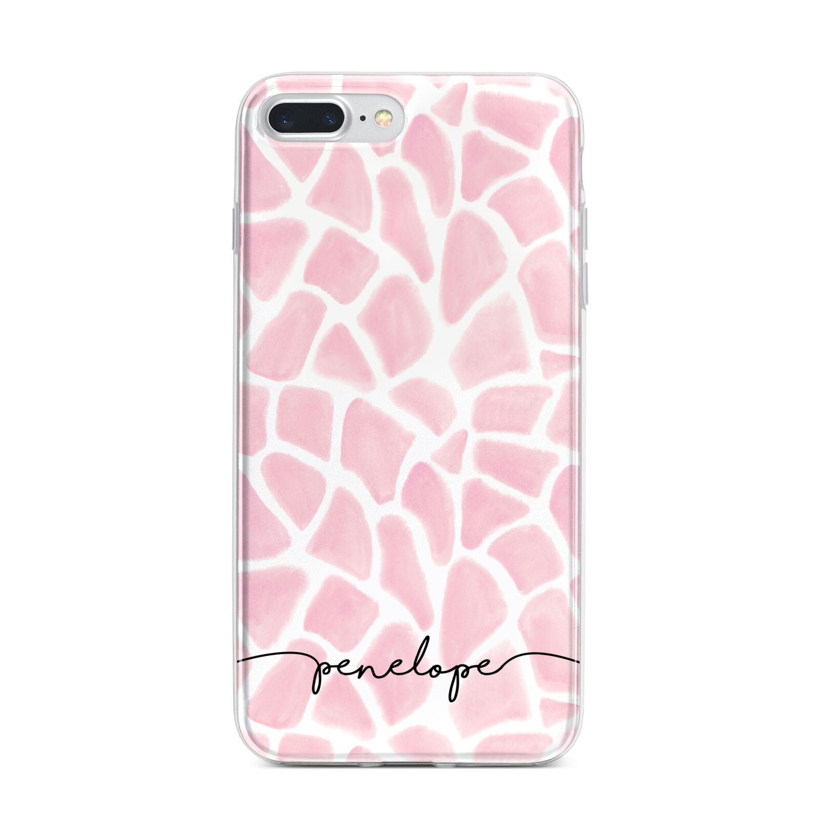 Personalised Pink Giraffe Print iPhone 7 Plus Bumper Case on Silver iPhone