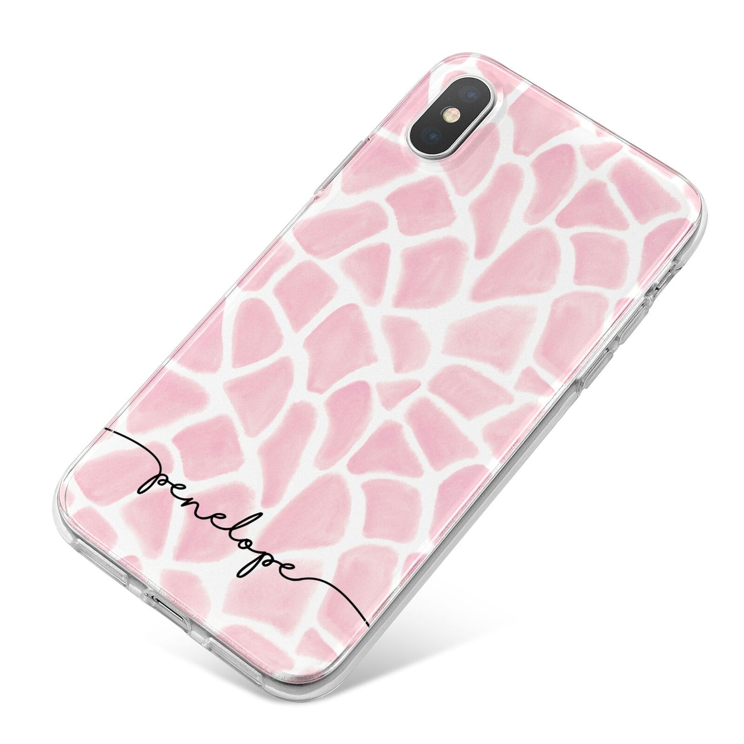 Personalised Pink Giraffe Print iPhone X Bumper Case on Silver iPhone