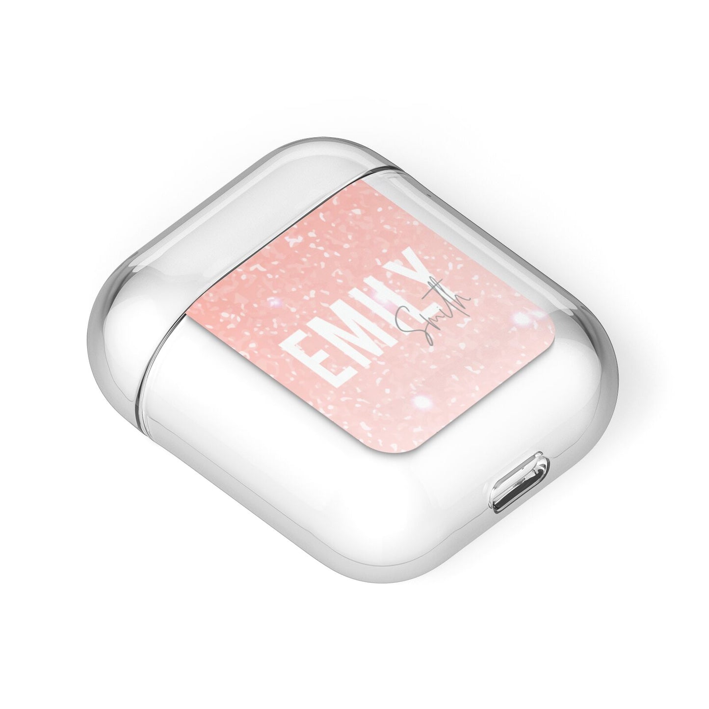 Personalised Pink Glitter Fade Text AirPods Case Laid Flat