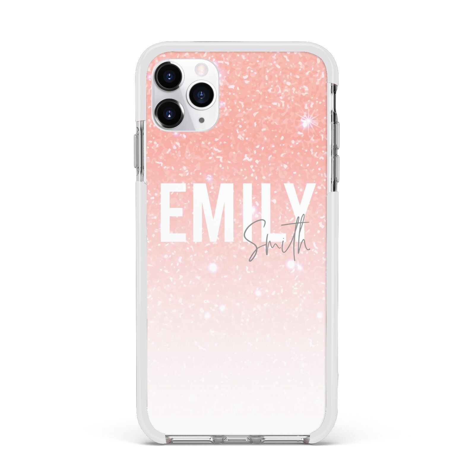 Personalised Pink Glitter Fade Text Apple iPhone 11 Pro Max in Silver with White Impact Case