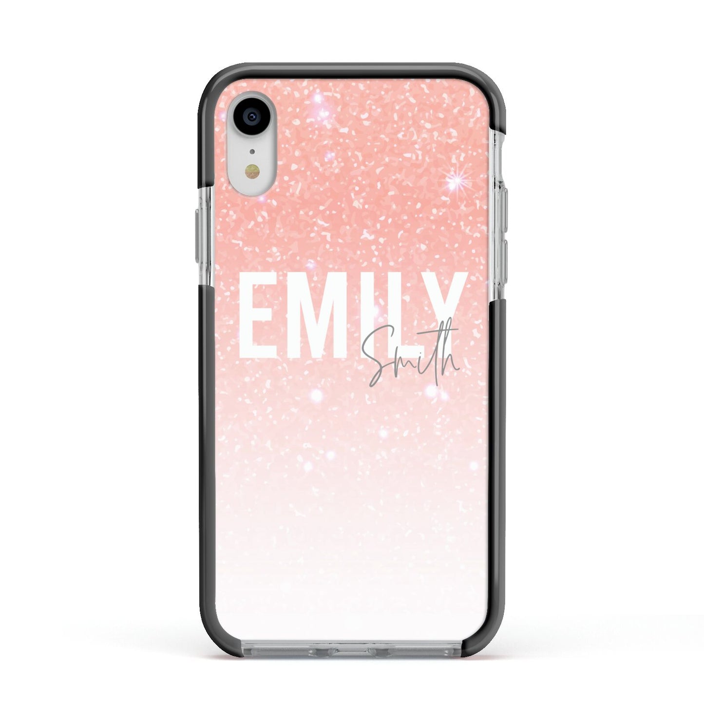 Personalised Pink Glitter Fade Text Apple iPhone XR Impact Case Black Edge on Silver Phone