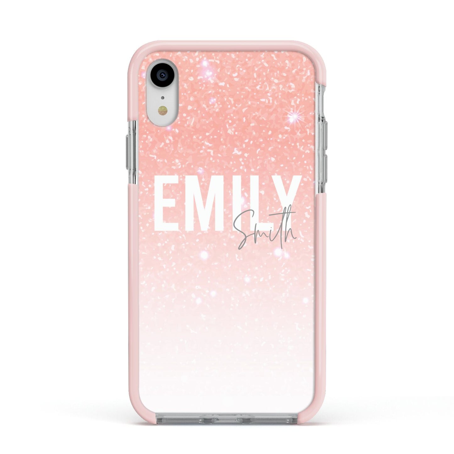 Personalised Pink Glitter Fade Text Apple iPhone XR Impact Case Pink Edge on Silver Phone