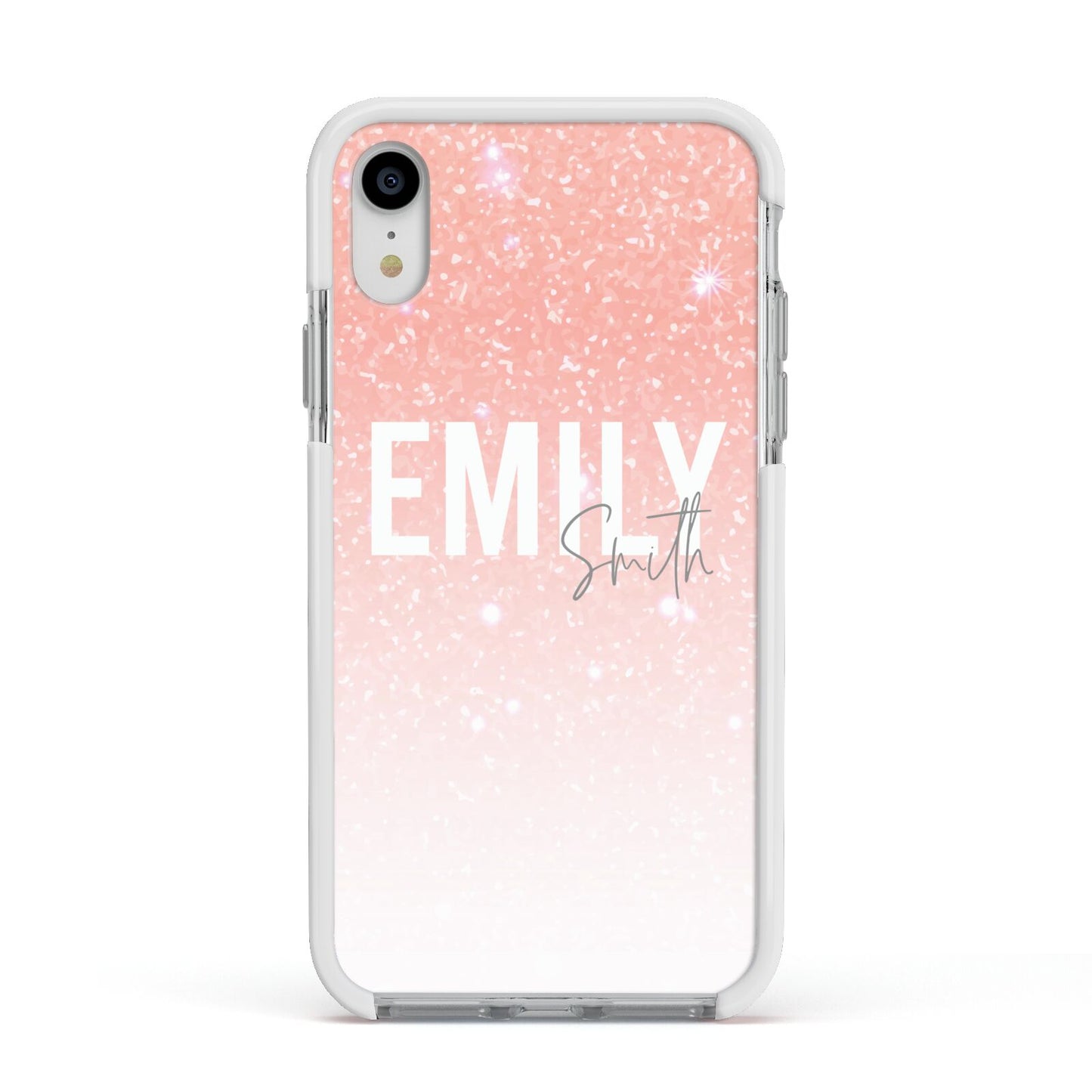Personalised Pink Glitter Fade Text Apple iPhone XR Impact Case White Edge on Silver Phone
