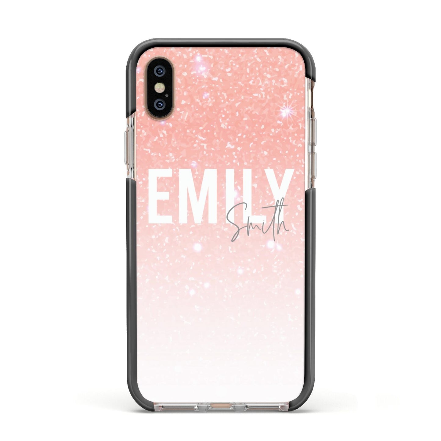 Personalised Pink Glitter Fade Text Apple iPhone Xs Impact Case Black Edge on Gold Phone