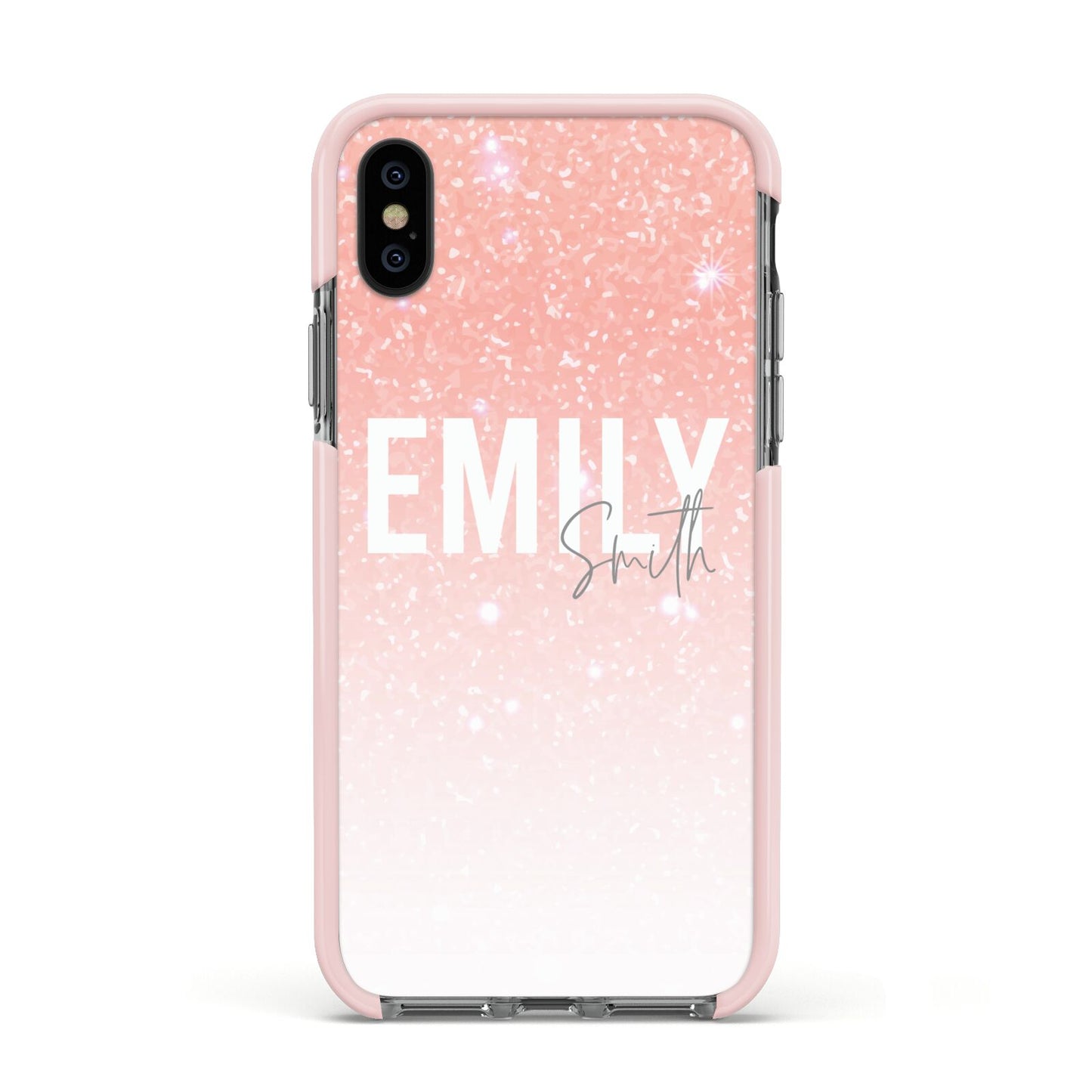 Personalised Pink Glitter Fade Text Apple iPhone Xs Impact Case Pink Edge on Black Phone
